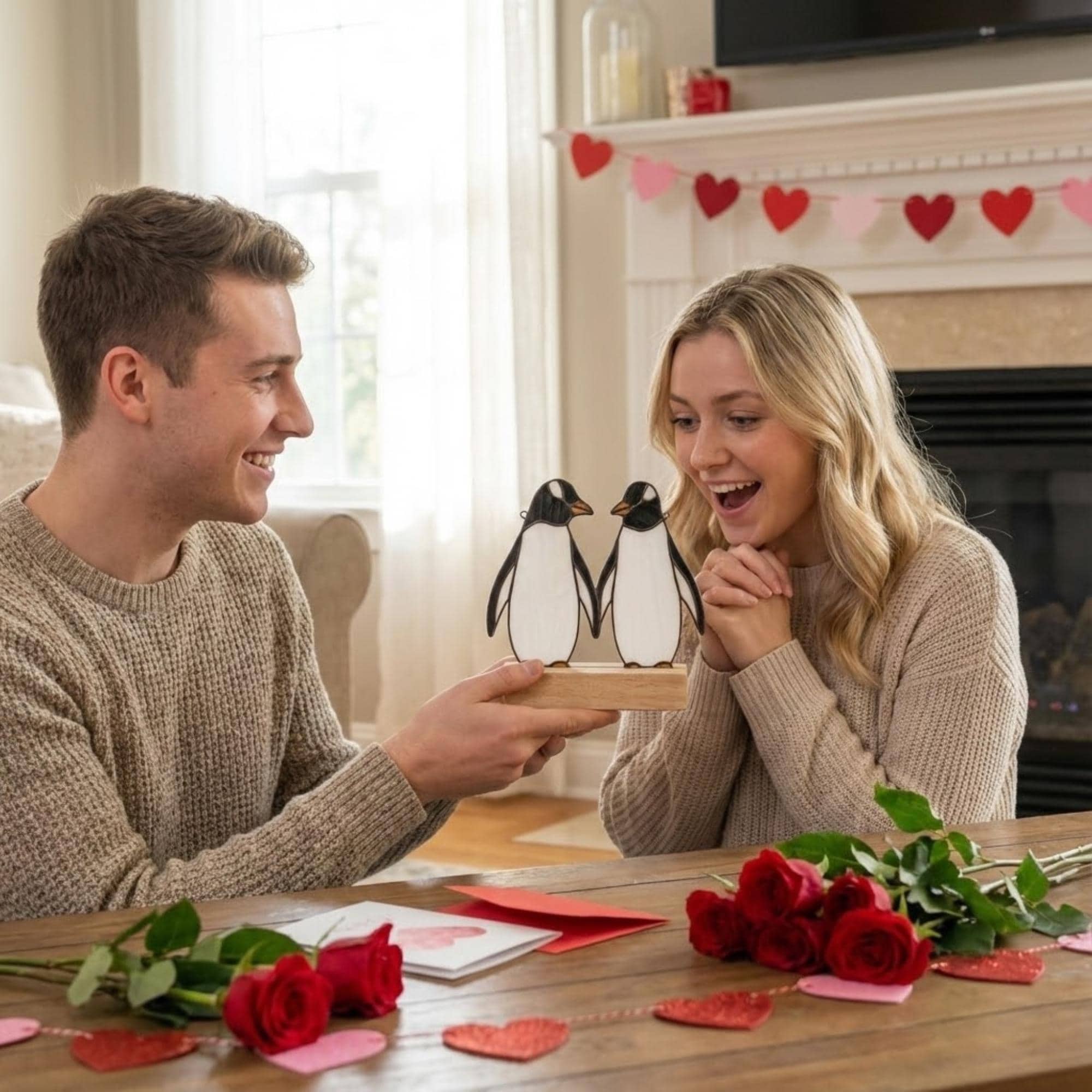Stained glass penguin couple holding hands, romantic valentines day gift for her, cute animal suncatcher on wood stand.