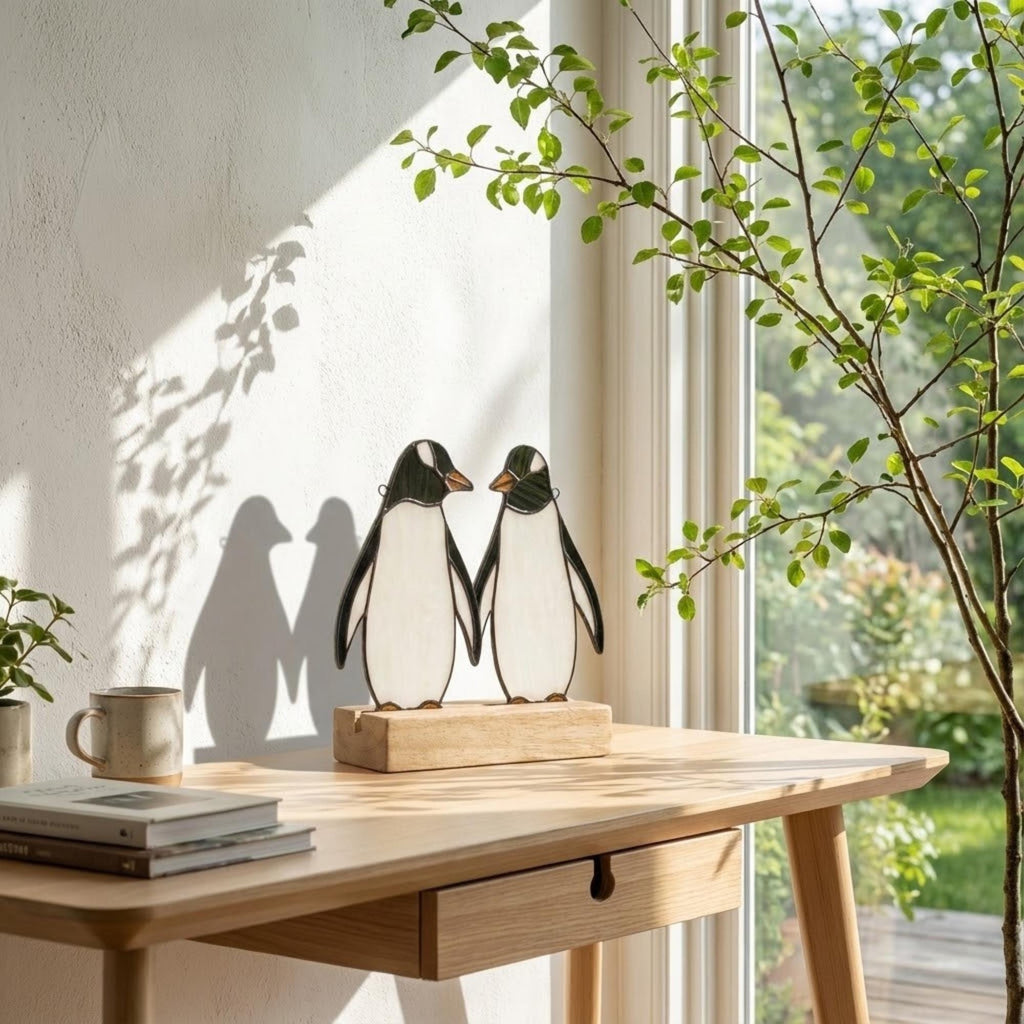 Stained glass penguin couple holding hands, romantic valentines day gift for her, cute animal suncatcher on wood stand.