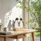 Stained glass penguin couple holding hands, romantic valentines day gift for her, cute animal suncatcher on wood stand.