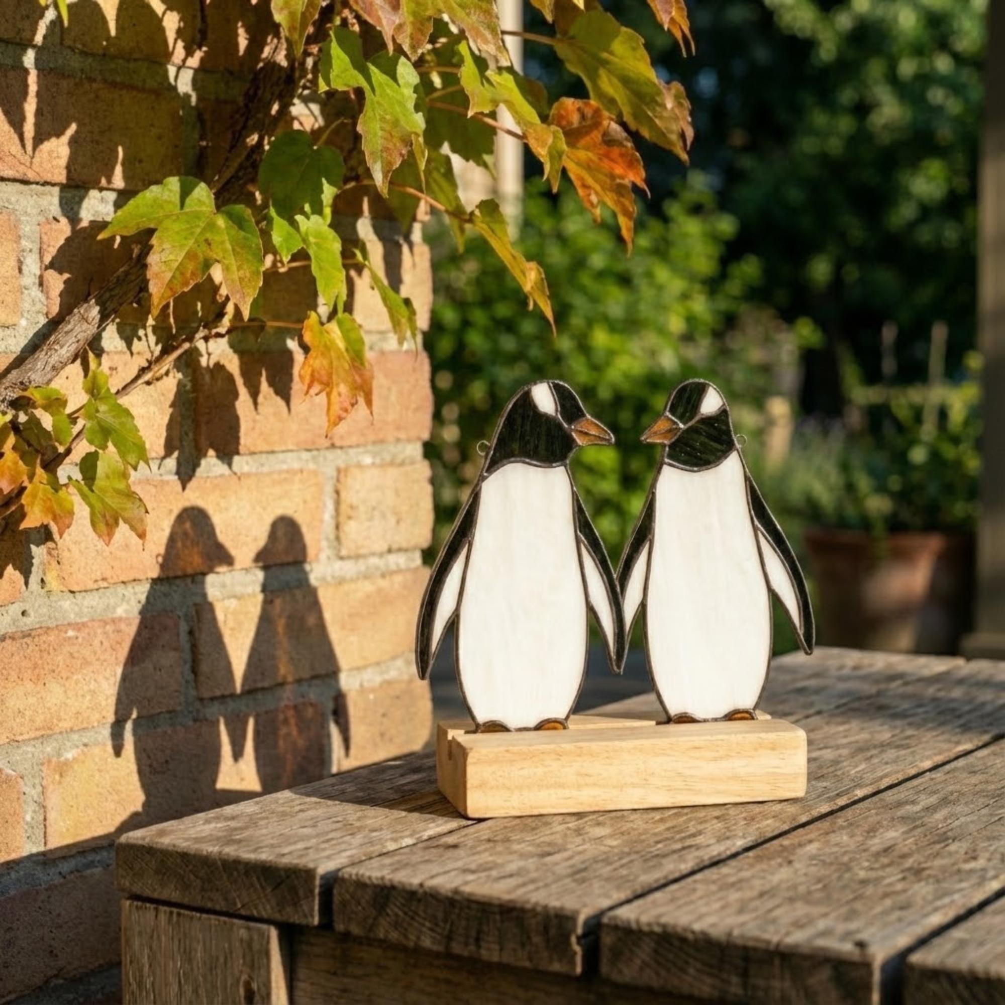 Stained glass penguin couple holding hands, romantic valentines day gift for her, cute animal suncatcher on wood stand.
