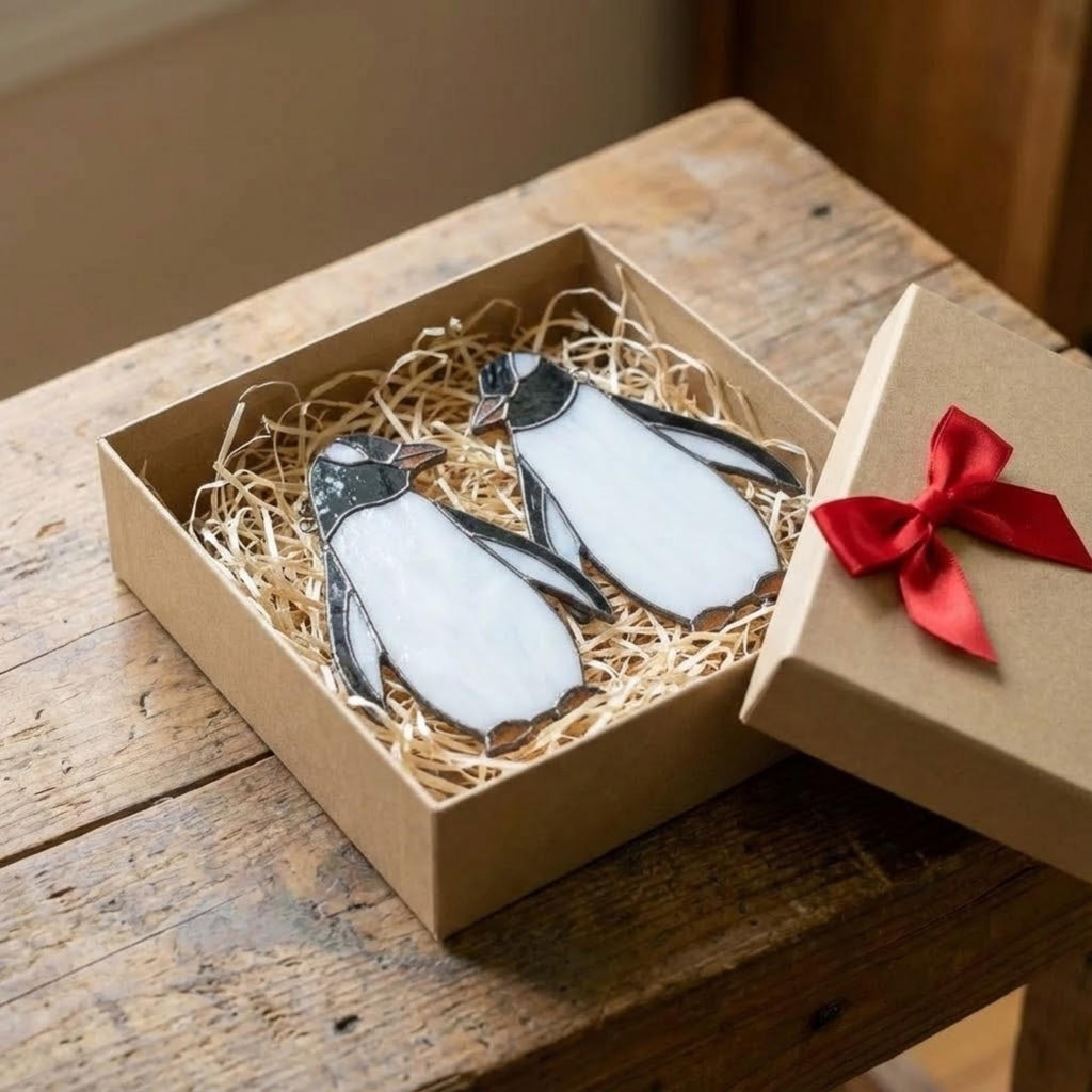 Stained glass penguin couple holding hands, romantic valentines day gift for her, cute animal suncatcher on wood stand.