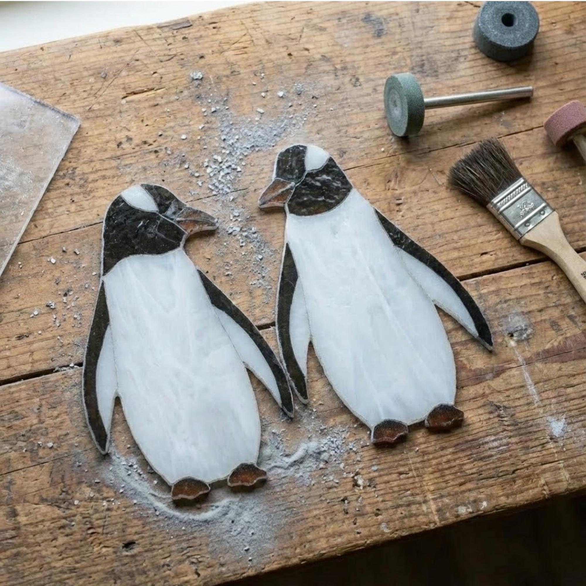 Stained glass penguin couple holding hands, romantic valentines day gift for her, cute animal suncatcher on wood stand.