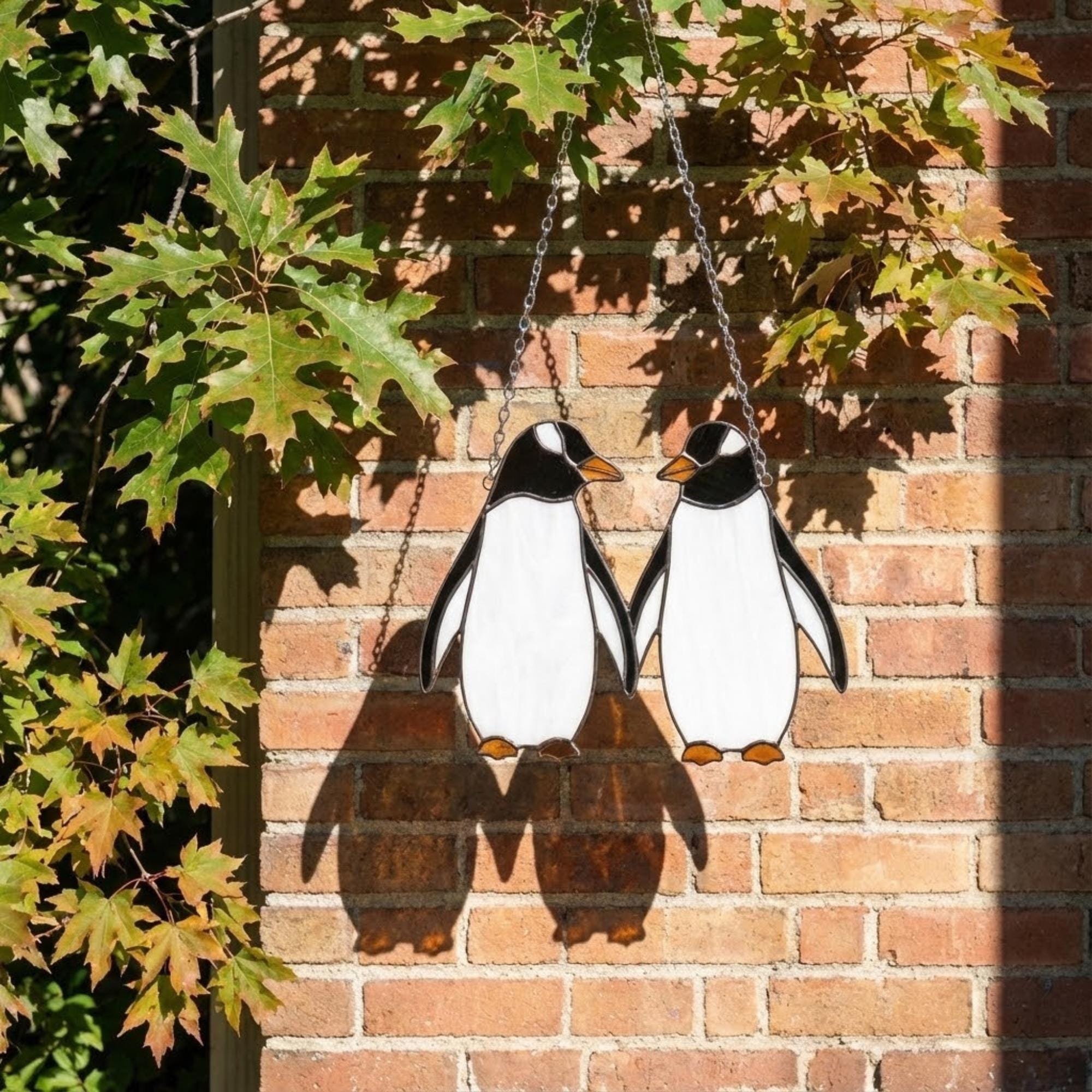 Stained glass penguin couple holding hands, romantic valentines day gift for her, cute animal suncatcher on wood stand.
