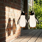 Stained glass penguin couple holding hands, romantic valentines day gift for her, cute animal suncatcher on wood stand.