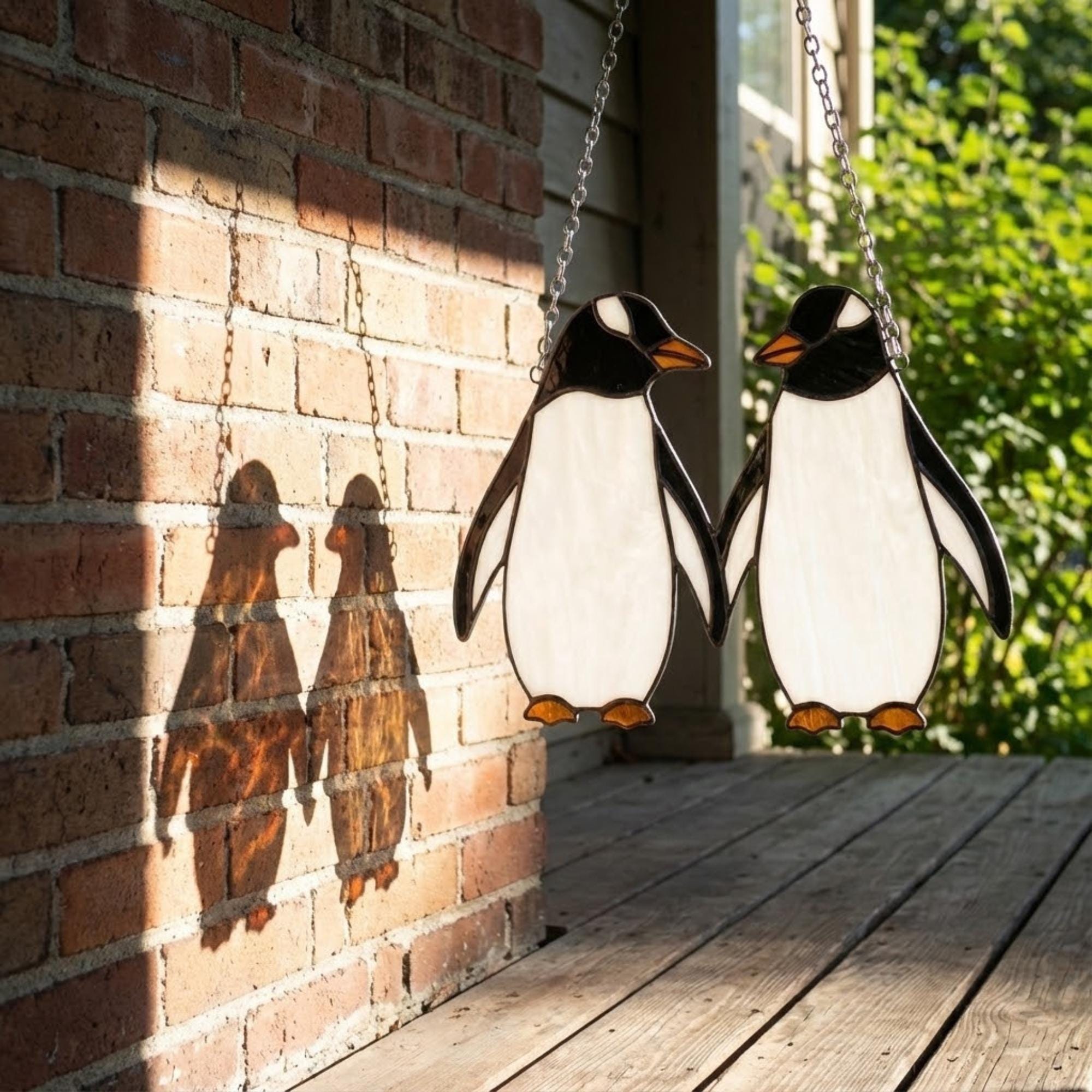 Stained glass penguin couple holding hands, romantic valentines day gift for her, cute animal suncatcher on wood stand.
