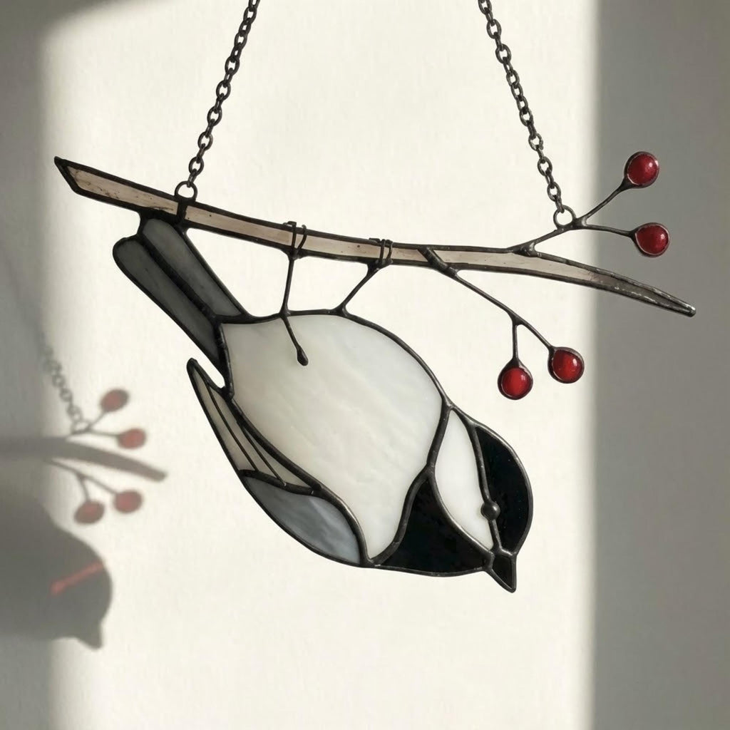 Stained glass Black-capped Chickadee bird suncatcher on branch hanging on window, handmade Maine and Massachusetts state bird gift, realistic nature decor by LuzyGlassArt.