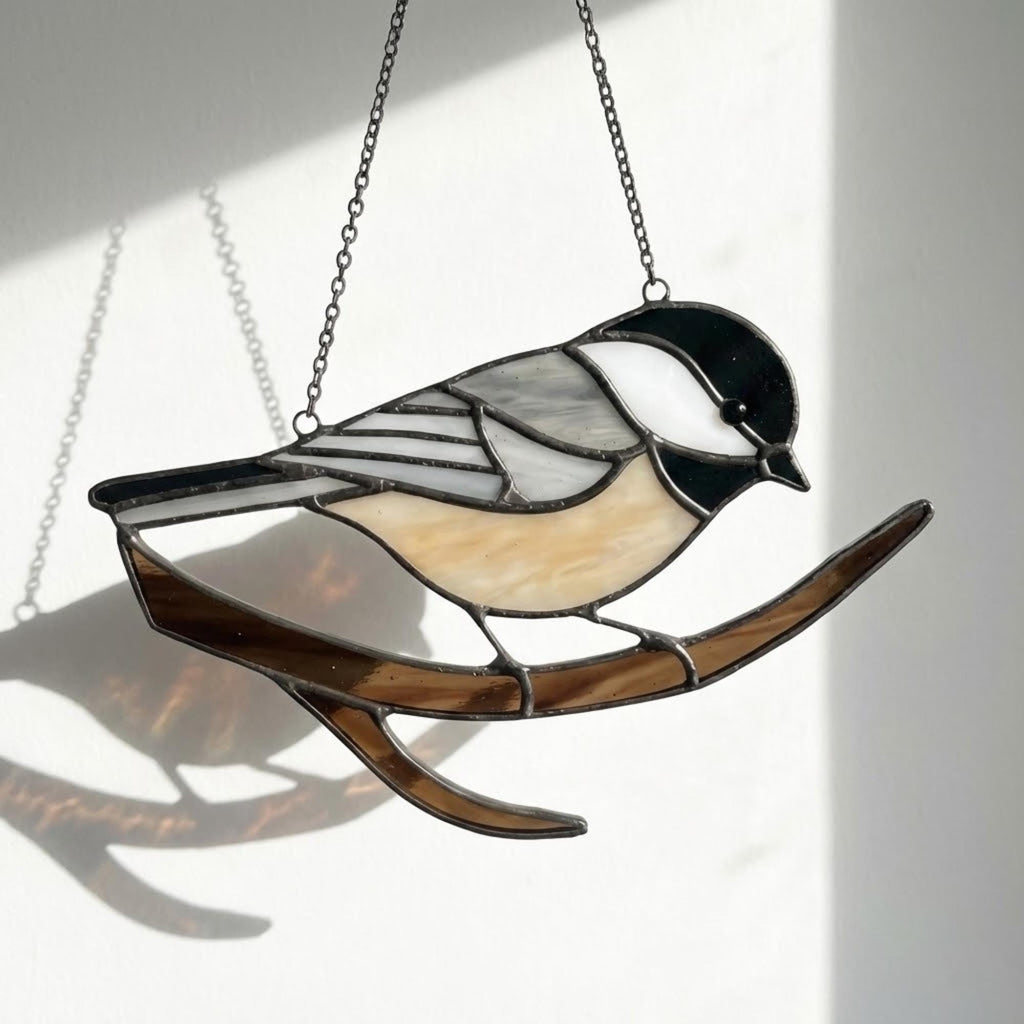 Stained glass Black-capped Chickadee bird suncatcher on branch hanging on window, handmade Maine and Massachusetts state bird gift, realistic nature decor by LuzyGlassArt.