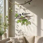 Stained glass Black-capped Chickadee bird suncatcher on branch hanging on window, handmade Maine and Massachusetts state bird gift, realistic nature decor by LuzyGlassArt.
