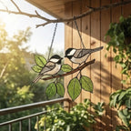 Stained glass Black-capped Chickadee bird suncatcher on branch hanging on window, handmade Maine and Massachusetts state bird gift, realistic nature decor by LuzyGlassArt.