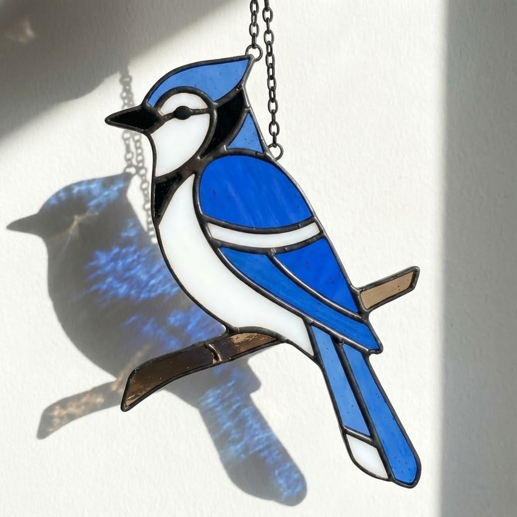 Stained glass Blue Jay bird suncatcher on branch hanging on window casting blue shadows, handmade realistic nature decor for birdwatchers by LuzyGlassArt.