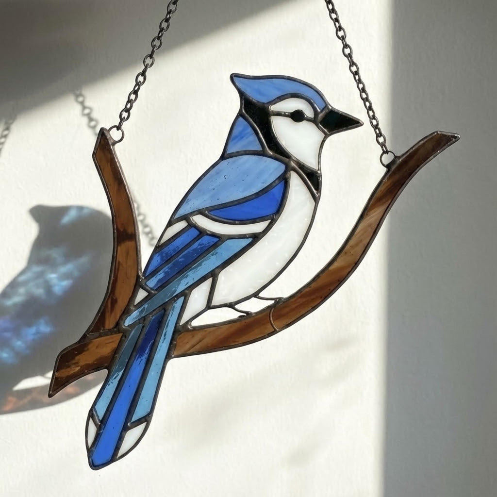 Stained glass Blue Jay bird suncatcher on branch hanging on window casting blue shadows, handmade realistic nature decor for birdwatchers by LuzyGlassArt.