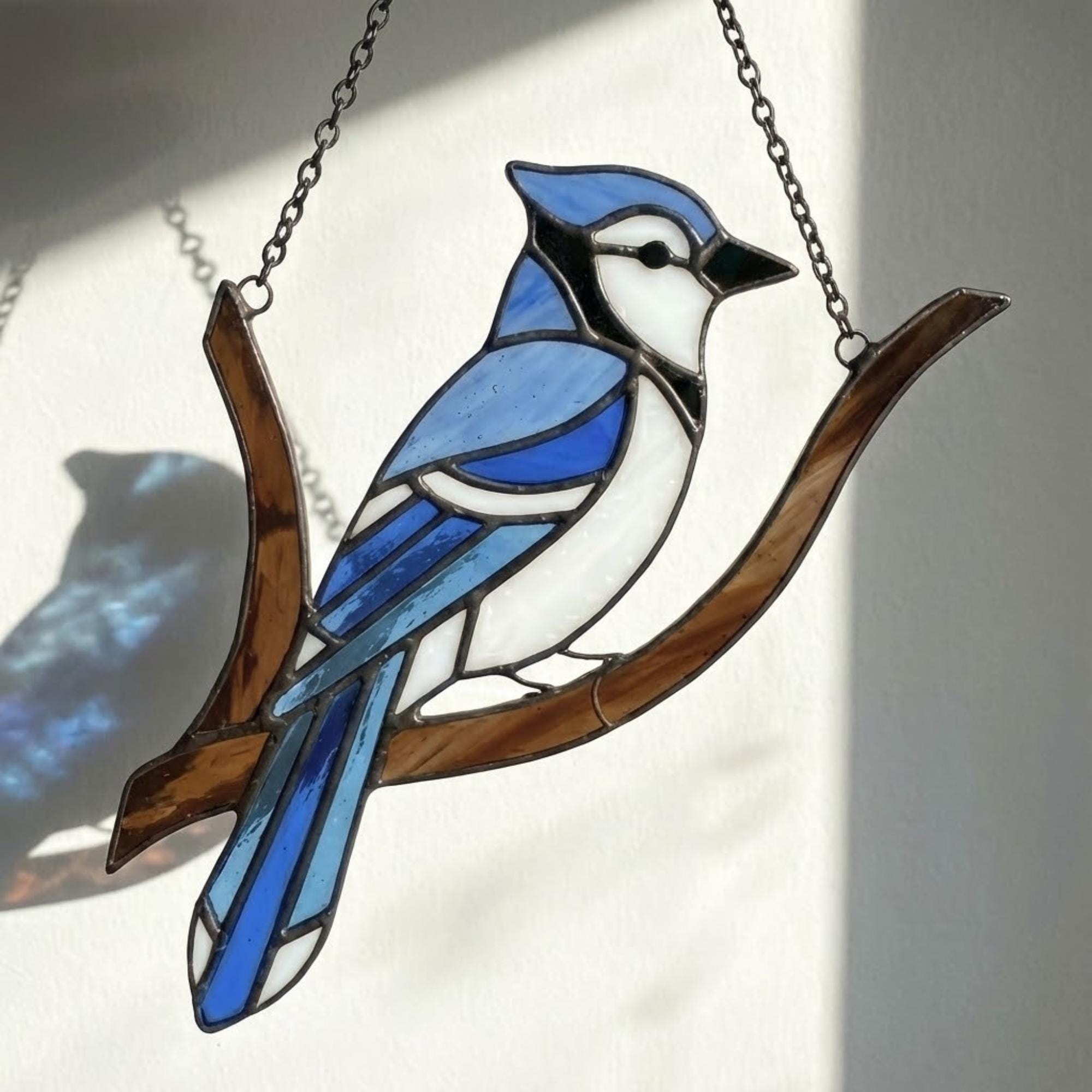 Stained glass Blue Jay bird suncatcher on branch hanging on window casting blue shadows, handmade realistic nature decor for birdwatchers by LuzyGlassArt.
