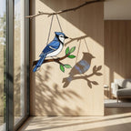 Stained glass Blue Jay bird suncatcher on branch hanging on window casting blue shadows, handmade realistic nature decor for birdwatchers by LuzyGlassArt.