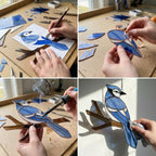 Stained glass Blue Jay bird suncatcher on branch hanging on window casting blue shadows, handmade realistic nature decor for birdwatchers by LuzyGlassArt.