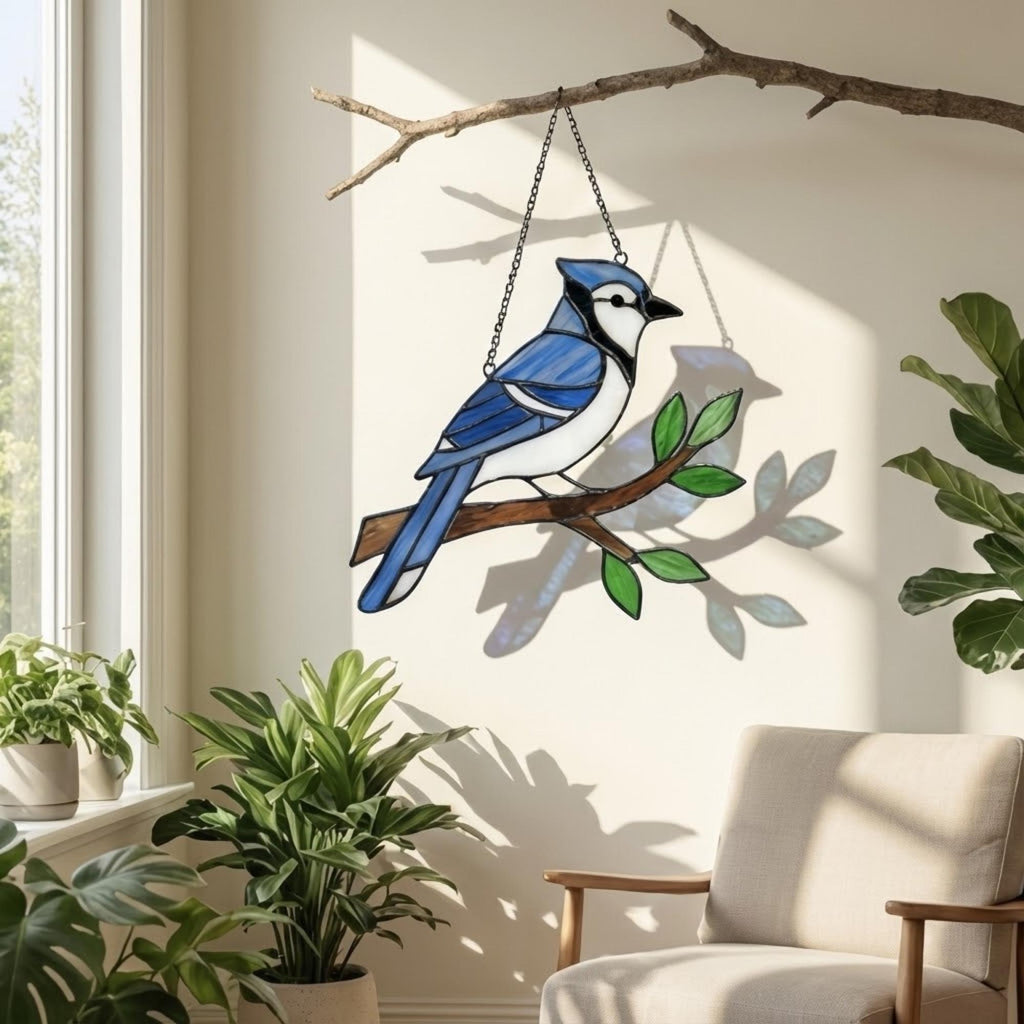 Stained glass Blue Jay bird suncatcher on branch hanging on window casting blue shadows, handmade realistic nature decor for birdwatchers by LuzyGlassArt.