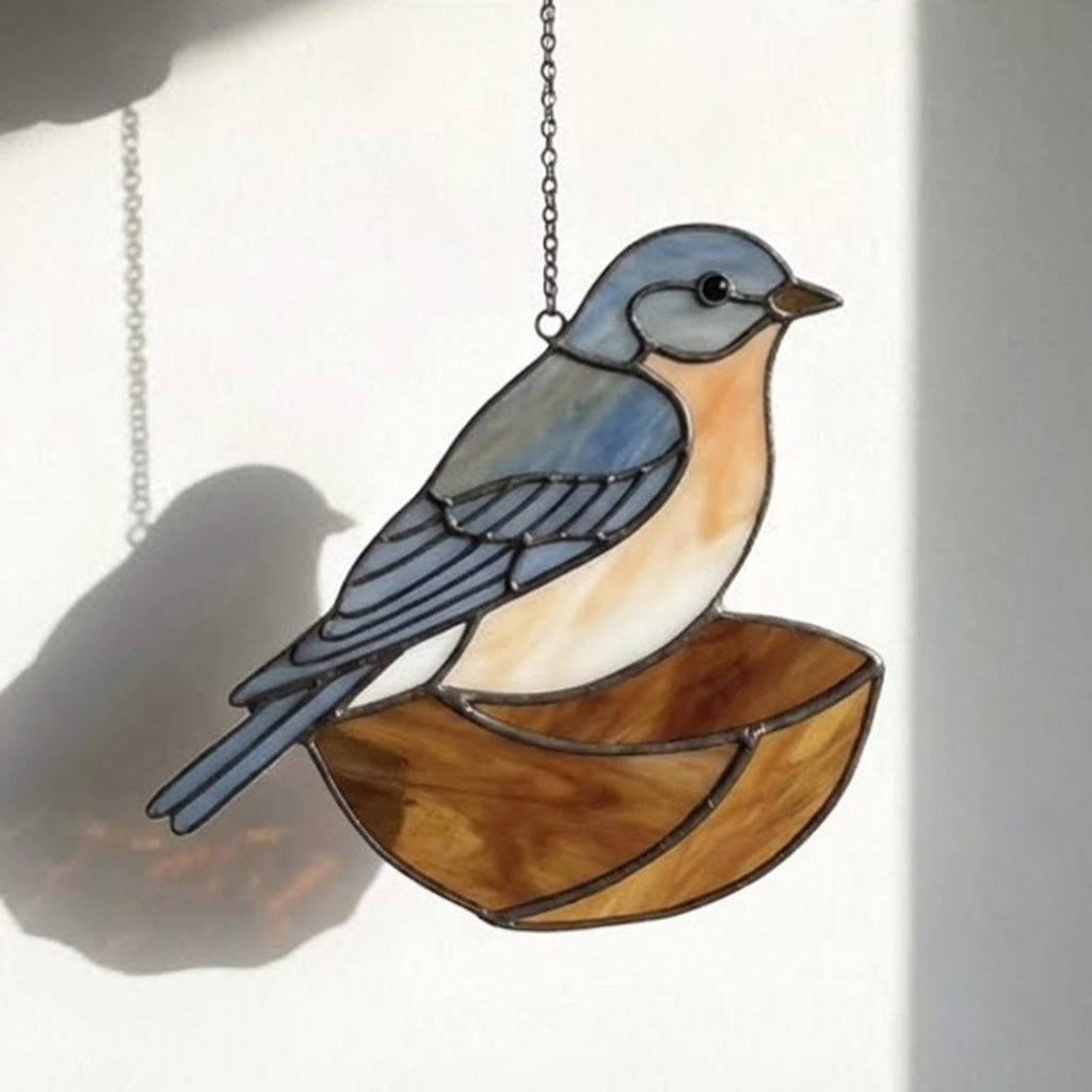 Stained glass Eastern Bluebird suncatcher with blue wings and orange breast hanging on window, handmade blue bird of happiness gift for mom, New York and Missouri state bird decor by LuzyGlassArt.
