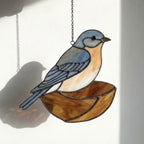 Stained glass Eastern Bluebird suncatcher with blue wings and orange breast hanging on window, handmade blue bird of happiness gift for mom, New York and Missouri state bird decor by LuzyGlassArt.