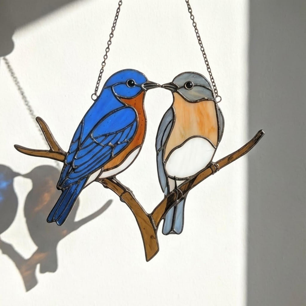Stained glass Eastern Bluebird suncatcher with blue wings and orange breast hanging on window, handmade blue bird of happiness gift for mom, New York and Missouri state bird decor by LuzyGlassArt.