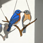 Stained glass Eastern Bluebird suncatcher with blue wings and orange breast hanging on window, handmade blue bird of happiness gift for mom, New York and Missouri state bird decor by LuzyGlassArt.