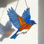 Stained glass Eastern Bluebird suncatcher with blue wings and orange breast hanging on window, handmade blue bird of happiness gift for mom, New York and Missouri state bird decor by LuzyGlassArt.