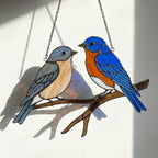 Stained glass Eastern Bluebird suncatcher with blue wings and orange breast hanging on window, handmade blue bird of happiness gift for mom, New York and Missouri state bird decor by LuzyGlassArt.