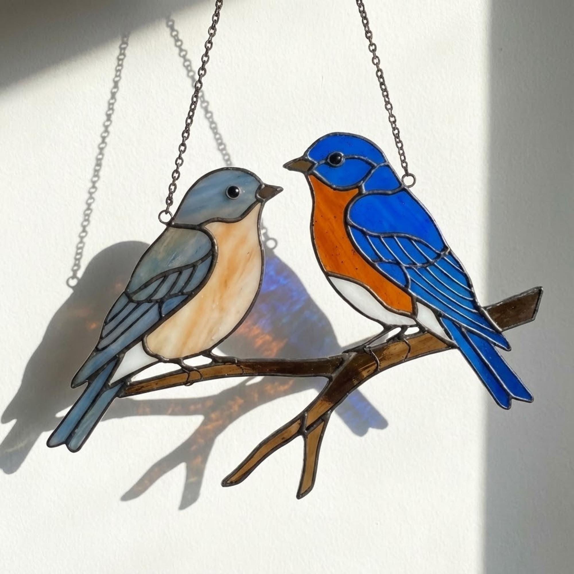 Stained glass Eastern Bluebird suncatcher with blue wings and orange breast hanging on window, handmade blue bird of happiness gift for mom, New York and Missouri state bird decor by LuzyGlassArt.