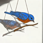 Stained glass Eastern Bluebird suncatcher with blue wings and orange breast hanging on window, handmade blue bird of happiness gift for mom, New York and Missouri state bird decor by LuzyGlassArt.