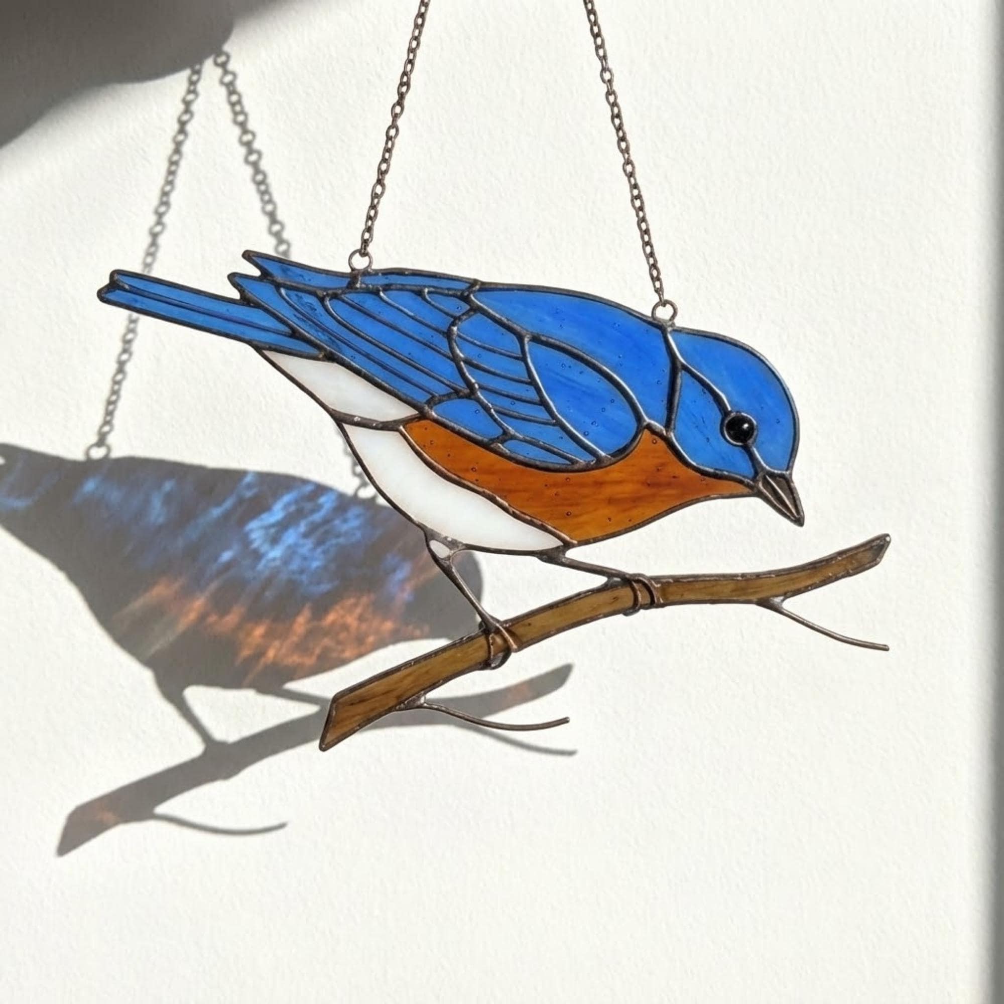 Stained glass Eastern Bluebird suncatcher with blue wings and orange breast hanging on window, handmade blue bird of happiness gift for mom, New York and Missouri state bird decor by LuzyGlassArt.