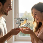 Stained glass Eastern Bluebird suncatcher with blue wings and orange breast hanging on window, handmade blue bird of happiness gift for mom, New York and Missouri state bird decor by LuzyGlassArt.