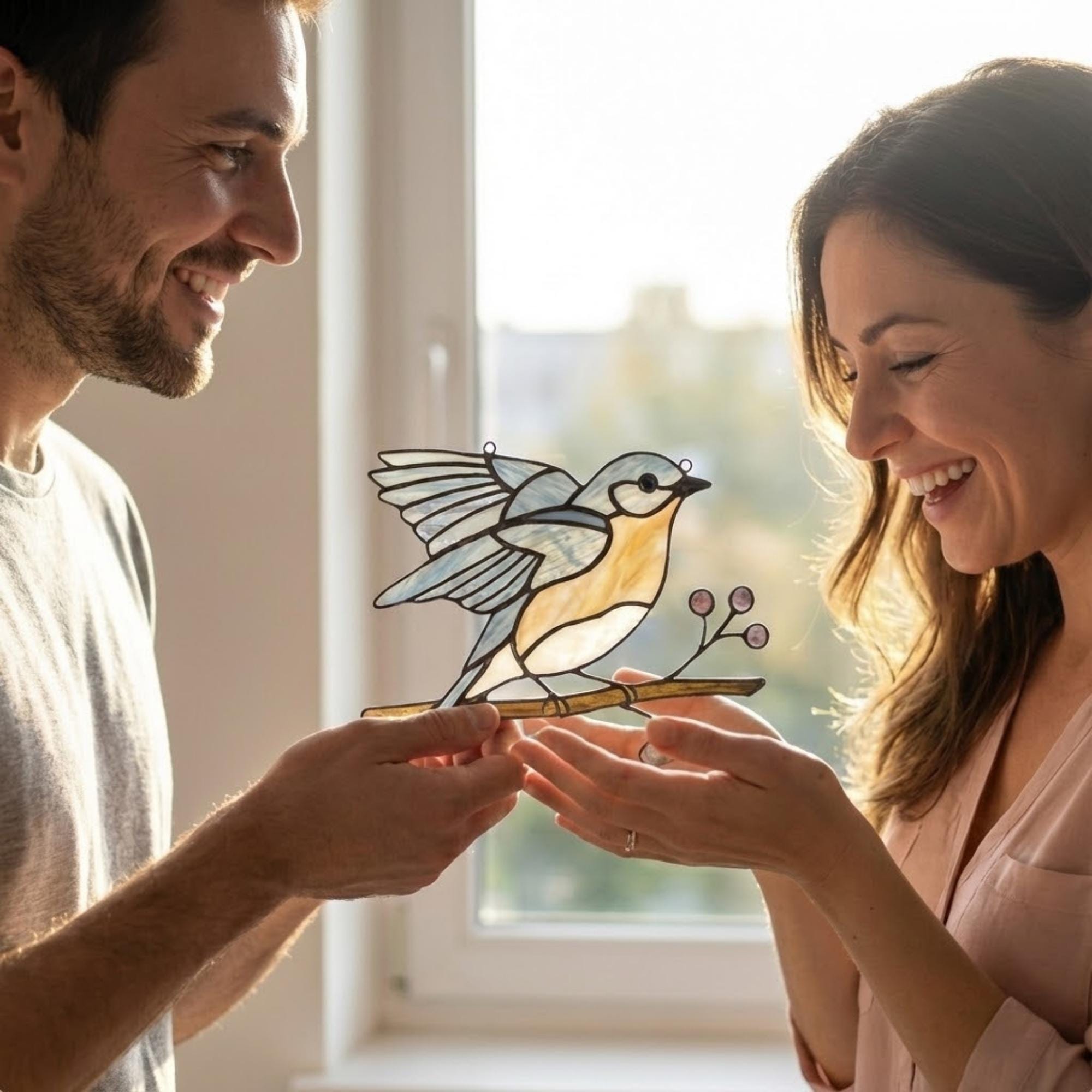 Stained glass Eastern Bluebird suncatcher with blue wings and orange breast hanging on window, handmade blue bird of happiness gift for mom, New York and Missouri state bird decor by LuzyGlassArt.