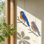 Stained glass Eastern Bluebird suncatcher with blue wings and orange breast hanging on window, handmade blue bird of happiness gift for mom, New York and Missouri state bird decor by LuzyGlassArt.