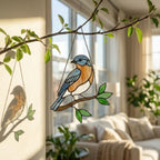 Stained glass Eastern Bluebird suncatcher with blue wings and orange breast hanging on window, handmade blue bird of happiness gift for mom, New York and Missouri state bird decor by LuzyGlassArt.