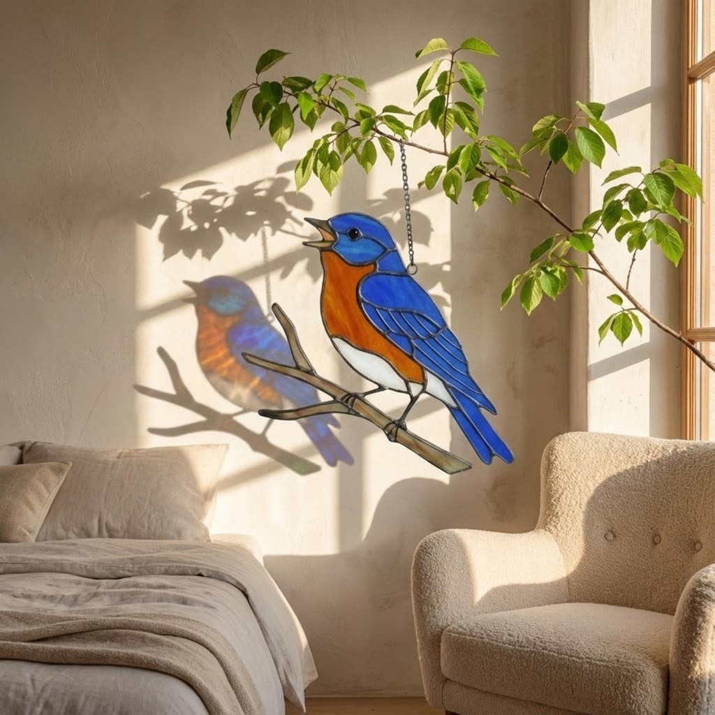 Stained glass Eastern Bluebird suncatcher with blue wings and orange breast hanging on window, handmade blue bird of happiness gift for mom, New York and Missouri state bird decor by LuzyGlassArt.