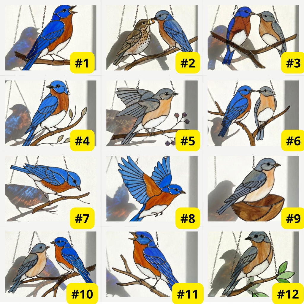 Stained glass Eastern Bluebird suncatcher with blue wings and orange breast hanging on window, handmade blue bird of happiness gift for mom, New York and Missouri state bird decor by LuzyGlassArt.