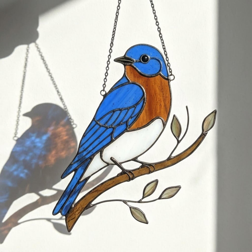 Stained glass Eastern Bluebird suncatcher with blue wings and orange breast hanging on window, handmade blue bird of happiness gift for mom, New York and Missouri state bird decor by LuzyGlassArt.