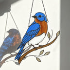 Stained glass Eastern Bluebird suncatcher with blue wings and orange breast hanging on window, handmade blue bird of happiness gift for mom, New York and Missouri state bird decor by LuzyGlassArt.