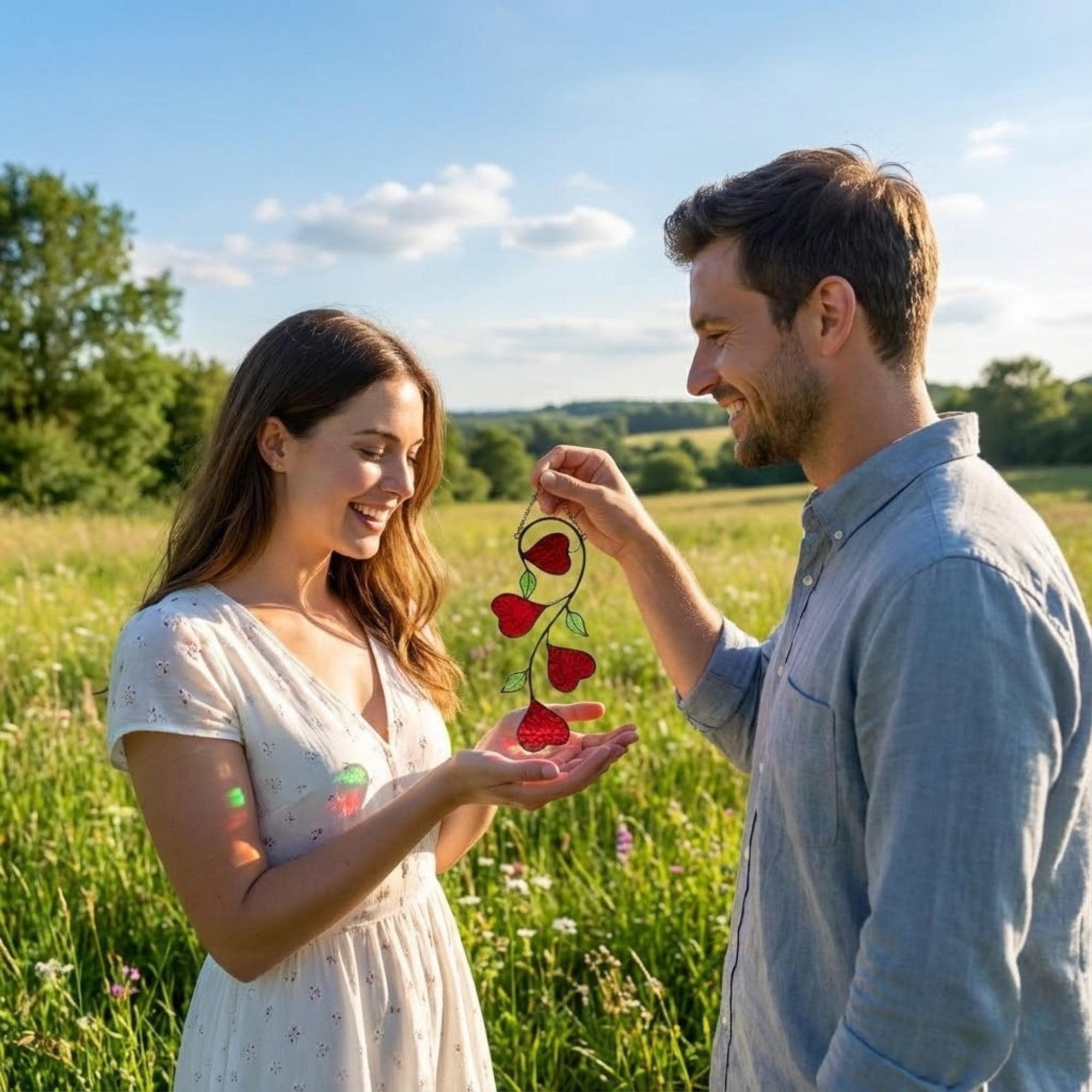 Heart Stained Glass Suncatcher | Love Vine Window Hanging | Romantic Cottagecore Decor | 3rd Anniversary Valentine Gift for Wife | Glass Art
