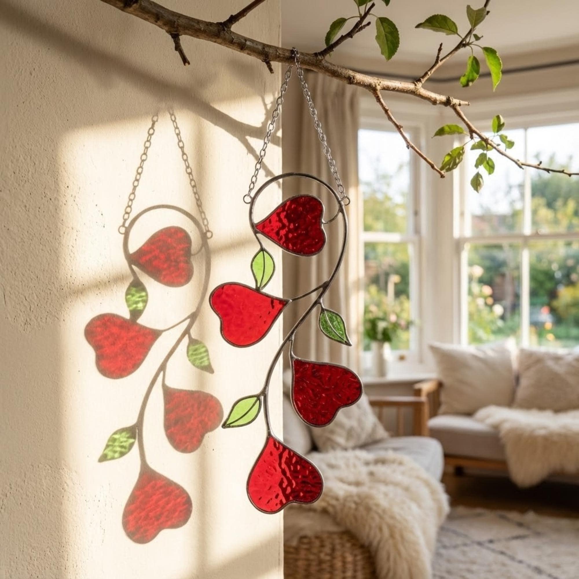Heart Stained Glass Suncatcher | Love Vine Window Hanging | Romantic Cottagecore Decor | 3rd Anniversary Valentine Gift for Wife | Glass Art
