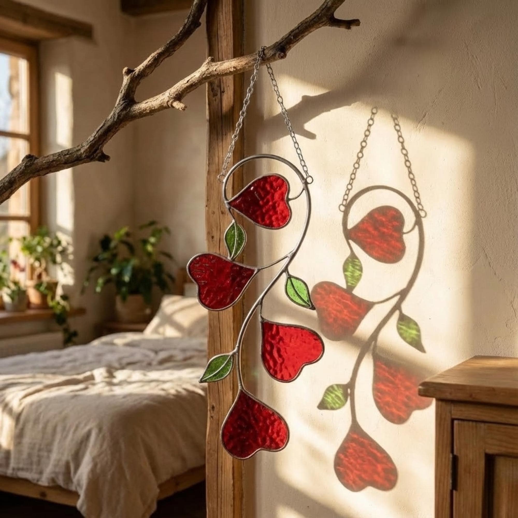 Heart Stained Glass Suncatcher | Love Vine Window Hanging | Romantic Cottagecore Decor | 3rd Anniversary Valentine Gift for Wife | Glass Art