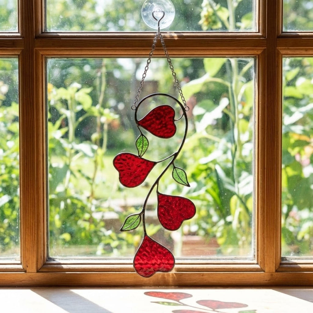 Heart Stained Glass Suncatcher | Love Vine Window Hanging | Romantic Cottagecore Decor | 3rd Anniversary Valentine Gift for Wife | Glass Art