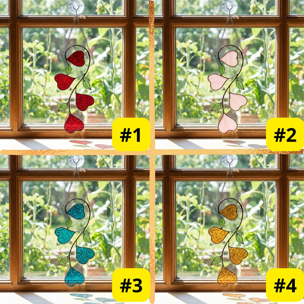 Heart Stained Glass Suncatcher | Love Vine Window Hanging | Romantic Cottagecore Decor | 3rd Anniversary Valentine Gift for Wife | Glass Art