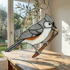 Stained glass Black-capped Chickadee bird suncatcher on branch hanging on window, handmade Maine and Massachusetts state bird gift, realistic nature decor by LuzyGlassArt.