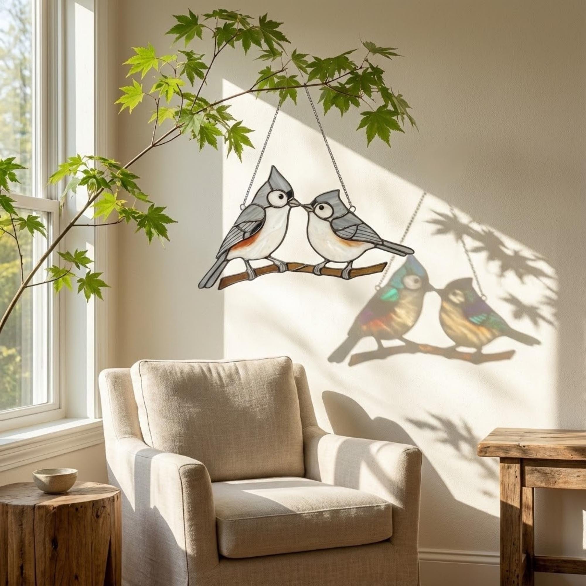 Stained glass Black-capped Chickadee bird suncatcher on branch hanging on window, handmade Maine and Massachusetts state bird gift, realistic nature decor by LuzyGlassArt.