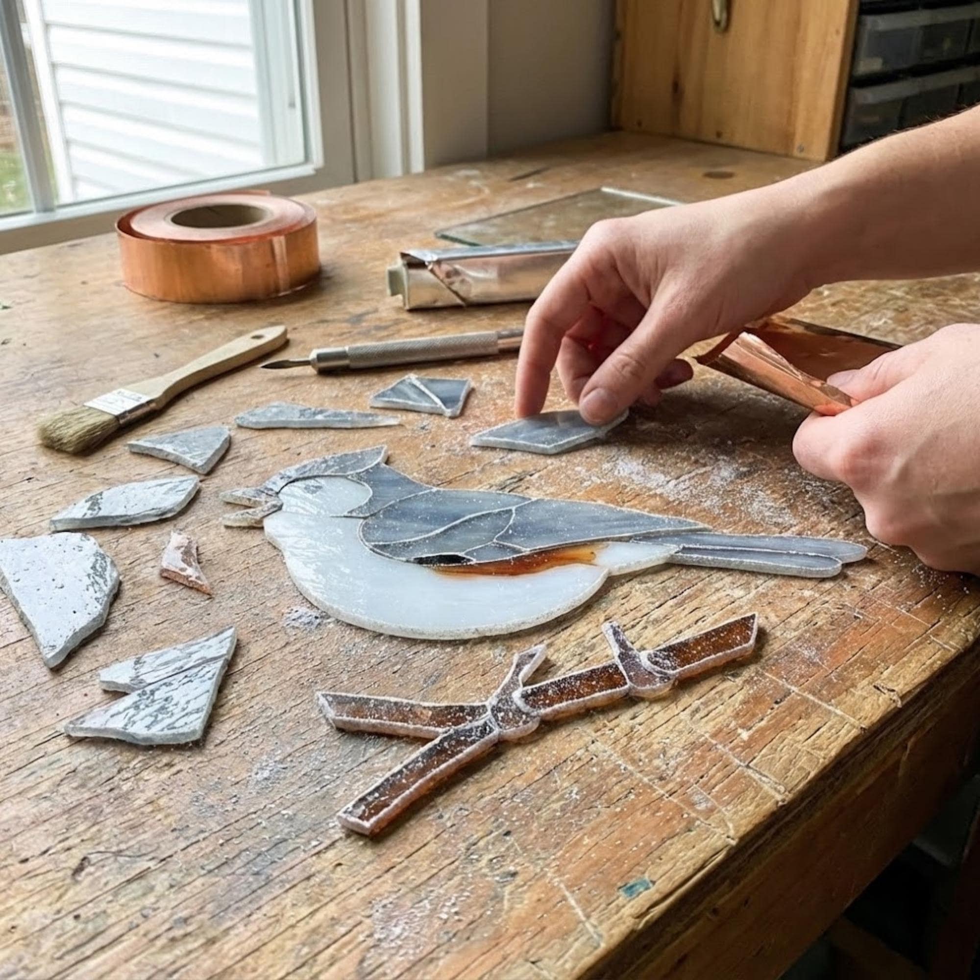 Stained glass Black-capped Chickadee bird suncatcher on branch hanging on window, handmade Maine and Massachusetts state bird gift, realistic nature decor by LuzyGlassArt.
