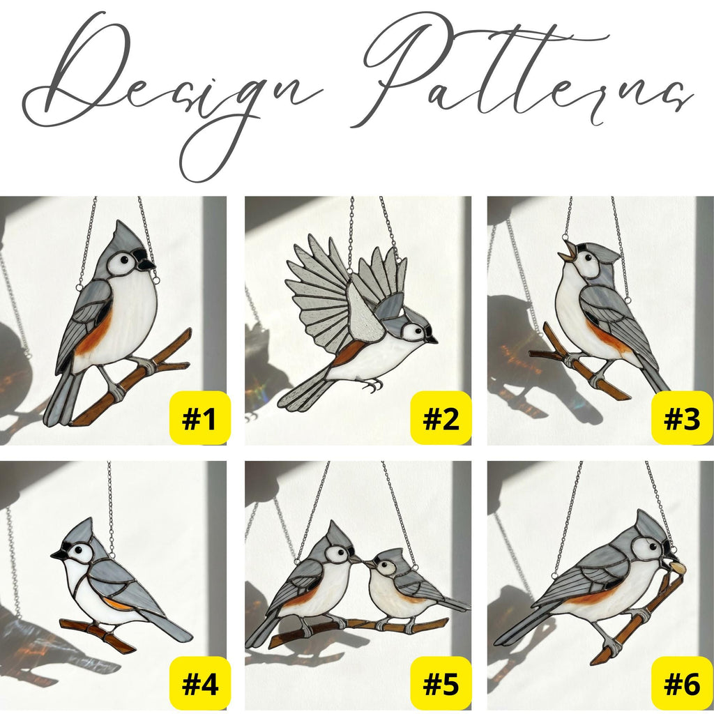 Stained glass Black-capped Chickadee bird suncatcher on branch hanging on window, handmade Maine and Massachusetts state bird gift, realistic nature decor by LuzyGlassArt.