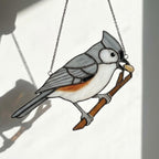 Stained glass Black-capped Chickadee bird suncatcher on branch hanging on window, handmade Maine and Massachusetts state bird gift, realistic nature decor by LuzyGlassArt.