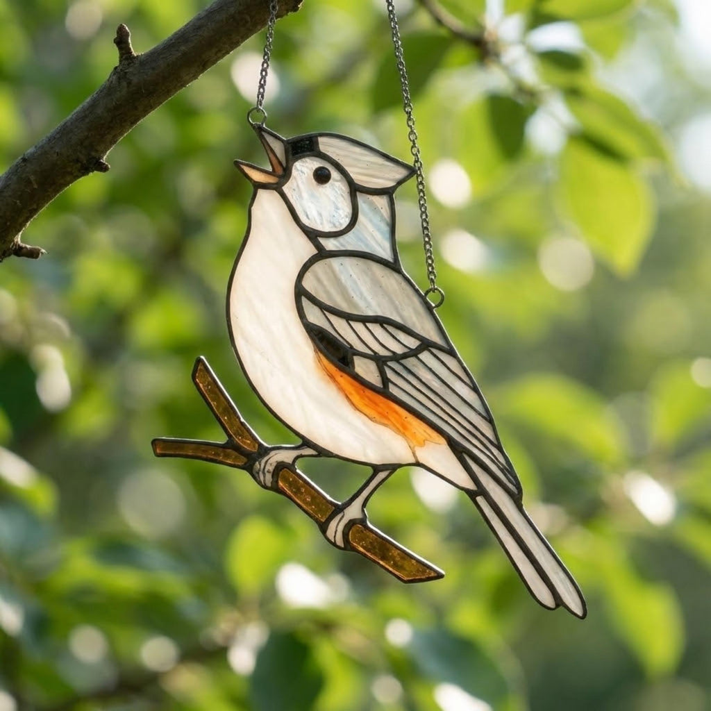 Stained glass Black-capped Chickadee bird suncatcher on branch hanging on window, handmade Maine and Massachusetts state bird gift, realistic nature decor by LuzyGlassArt.