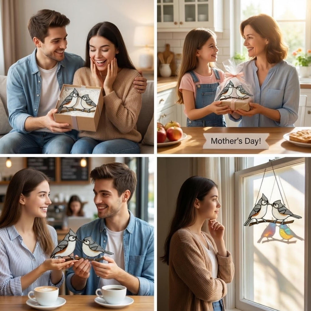 Stained glass Black-capped Chickadee bird suncatcher on branch hanging on window, handmade Maine and Massachusetts state bird gift, realistic nature decor by LuzyGlassArt.