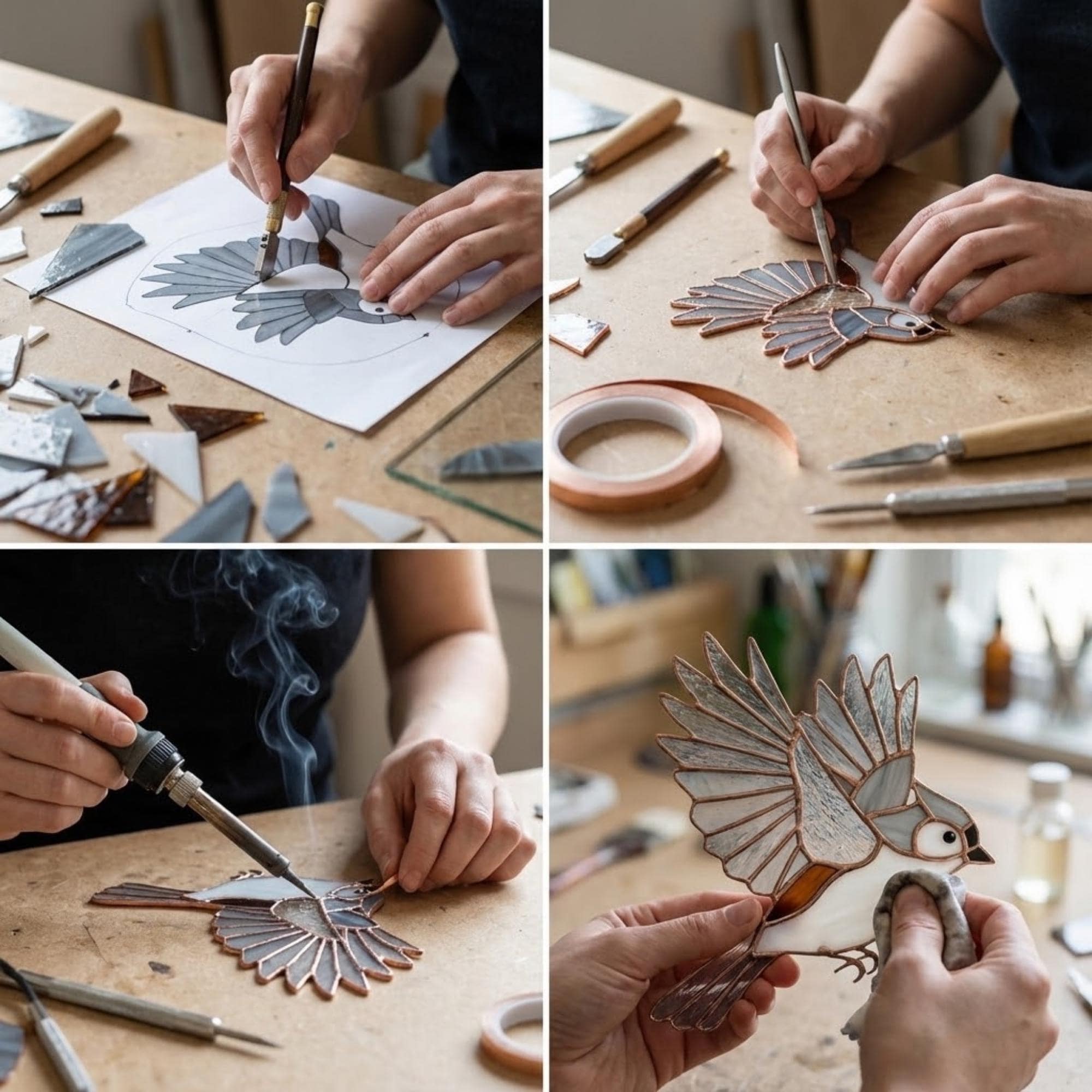 Stained glass Black-capped Chickadee bird suncatcher on branch hanging on window, handmade Maine and Massachusetts state bird gift, realistic nature decor by LuzyGlassArt.