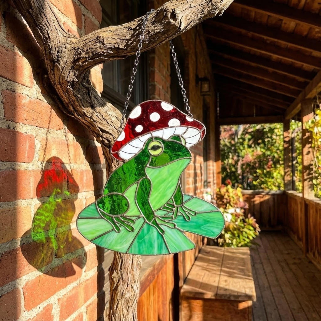 Stained Glass Frog Suncatcher | Mushroom Hat Decor | Goblincore Aesthetic | Cute Toad on Lily Pad | Plant Lover Gift for Her